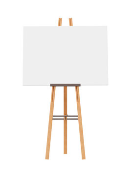 Empty horizontal canvas on wooden easel, on transparent background. Free, copy space for your picture. Artwork presentation. Canvas mock up. Cut out object. 3D rendering.