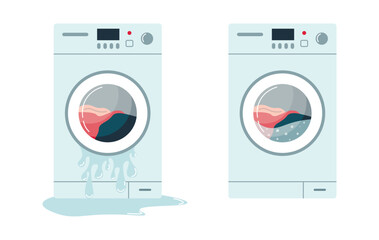 Broken and repaired washing machine. Front view. Household appliances close-up. Broken washing machine with leaking. Flat vector illustration on white isolated background.