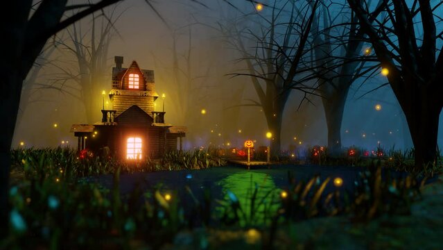 Scene from the chilling Halloween drama rendered in 3D animation rendering, complete with a haunted house and a cemetery populated with pumpkin monsters.