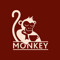 Monkey with a cup of coffee or tea. Logo or badge for coffee shops and cafes. Vector illustration. Special logo