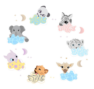 set of animals baby, cute circle of baby animals on clouds 