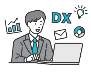 DX推進で効率よくパソコンを操作するビジネスマンのベクターイラスト素材／会社／IT／スーツ／効率化