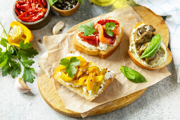 Open sandwiches set with salted salmon, sun dried tomato, grill aubergine, grill bulgarian pepper and cream cheese on a stone table. Healthy food, vegetarian appetizer.
