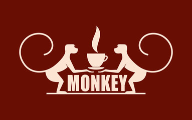 Monkey with a cup of coffee or tea. Logo or badge for coffee shops and cafes. Vector illustration. Special logo