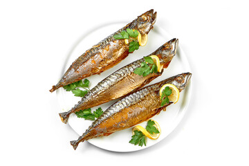Smoked mackerel in a white plate on a white background. Close-up, selective focus.