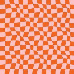 70s retro seamless pattern with groovy trippy grid. Checkered background with distorted squares. Hippie aesthetic. Vintage vector for wrapping paper, background, packaging etc.
