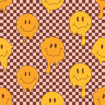 Funny smile crazy melted face seamless pattern art Vector illustration  psychedelic retrro graphic Positive good vibes smiley faces acid high  melt trip wallpaper seamless pattern Y2K aesthetic Stock Vector  Adobe  Stock