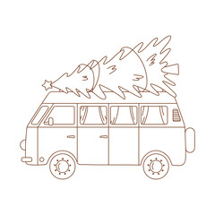 Coloring page outline of hippie van and spruce. Outlined truck and Christmas tree. Coloring vector book antistress for adult and kids.