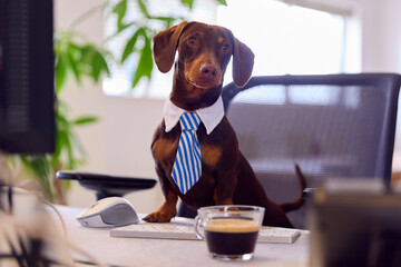 Funny Shot Of Pet Dachshund Dog Dress As Businessman At Desk In Office With Computer And Coffee