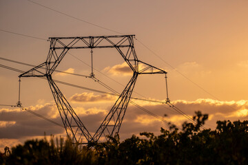 Towers of high voltage cables in an autumn sunset in the fields of the Penedes region in the province of Barcelona