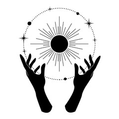 Magic Hands with mystical magic symbols-eyes, sun, phrases of moon, stars - obrazy, fototapety, plakaty