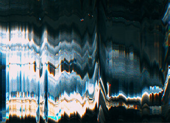 Glitch texture. Digital artifacts. Screen distortion. Blue white orange color wave static noise on dark black illustration abstract background.
