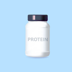 Mockup Banks white Protein sports 3d container. Amino acids Round pack for muscle training. Realistic cylindrical jar with vitamins.