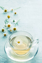 Camomile tea in a transparent cup, a herbal infusion to relax, organic herbs with copy space
