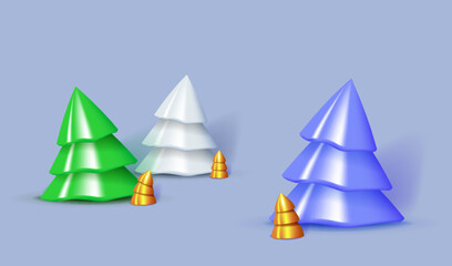 Color and golden 3d Christmas Trees. Merry Christmas and Happy New Year illustration. Winter festive composition. Christmas ornament
