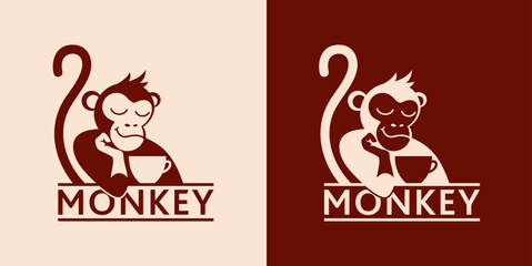 Monkey with a cup of coffee or tea. Logo or badge for coffee shops and cafes. Vector illustration. Special logo