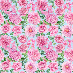 Bright seamless pattern of hydrangea, dahlia, rose flowers and leaves, watercolor botanical illustration