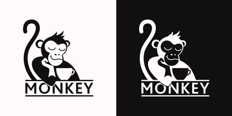 Monkey with a cup of coffee or tea. Logo or badge for coffee shops and cafes. Vector illustration. Special logo