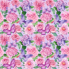 Butterfly and flowers, watercolor botanical illustration. Seamless pattern 