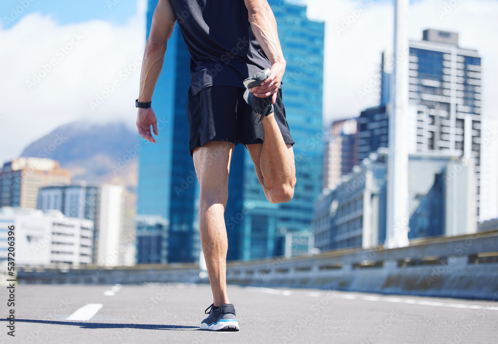 Sticker Man, stretching legs and back view in city, street or urban road outdoors. Fitness, health and male athlete stretch or warm up before exercise, running or training outside for marathon run in town.