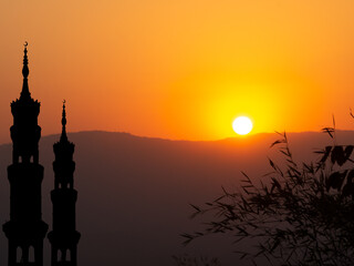 Mosques Dome on Sunset Twilight Sky with Shadow Leaves Background,Islamic New Year Muharram,Islamic Religion Symbols Ramadan and Arabic,Eid al-Adha, Eid al-fitr,Mubarak,Kareem Holy Muslim concept.