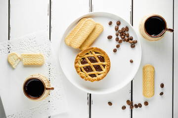Coffee with coockie, sweet morning brackfast with copy space for menu, white backgroud, wallpaper