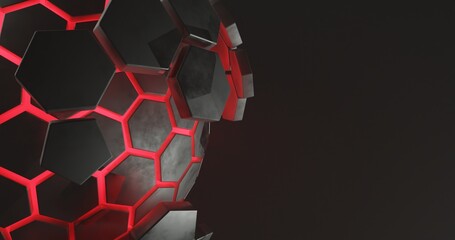 Abstract background of red black hexagon shape pattern, there is space on the right, 3d rendering, and 4K size