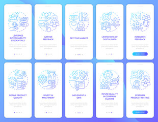 Brand longevity and quality blue gradient onboarding mobile app screen set. Walkthrough 5 graphic instructions with linear concepts. UI, UX, GUI template. Myriad Pro-Bold, Regular fonts used - obrazy, fototapety, plakaty