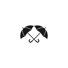 Crossed black open umbrellas. Flat icon isolated on white. Flat design. Vector illustration. Rain protection symbol. Rainy weather sign. Black and white