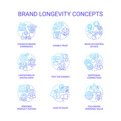 Brand longevity and service quality blue gradient concept icons set. Business development idea thin line color illustrations. Isolated symbols. Roboto-Medium, Myriad Pro-Bold fonts used