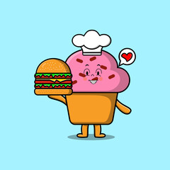 Cute cartoon Cupcake chef character holding burger in flat cartoon style illustration