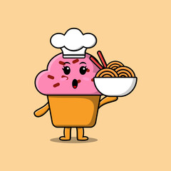 Cute cartoon Cupcake chef character holding noodles in bowl flat cartoon style illustration