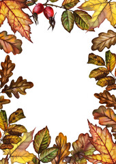 Rectangular frame of watercolor autumn leaves