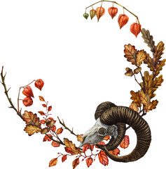 Asymmetrical watercolor wreath in Samhain aesthetic with skull and oak leaves