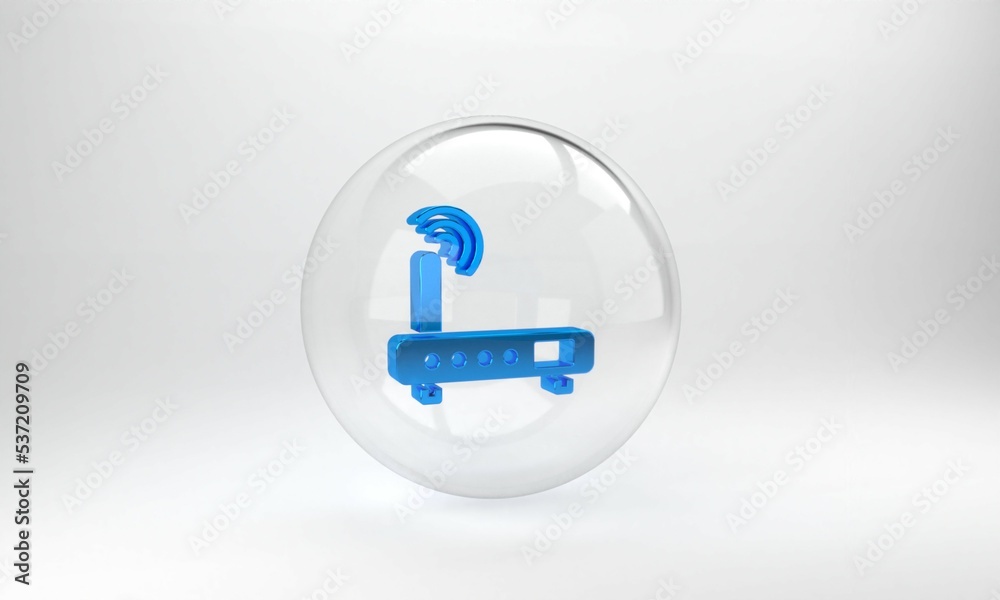 Poster blue router and wi-fi signal icon isolated on grey background. wireless ethernet modem router. compu