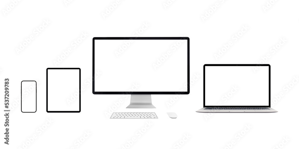Poster responsive devices mockup isolated png transparent. computer display, laptop, tablet and smart phone
