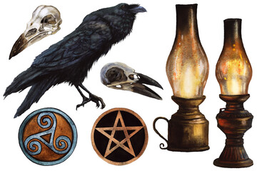 Samhain attributes set with black raven, bird skulls, old kerosene lamps