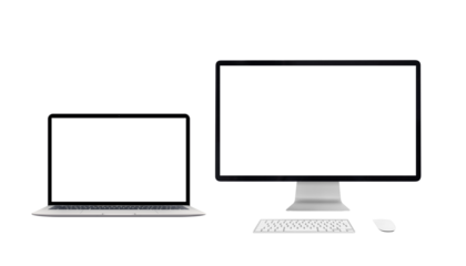 Computer display, laptop, keyboard and mouse. Front desk view. Isolated PNG transparent