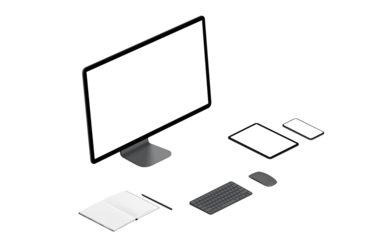 Isometric responsive devices mockup. Isolated PNG transparent computer display, tablet and phone