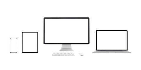 Responsive devices mockup isolated PNG transparent. Computer display, laptop, tablet and smart phone