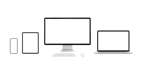 Responsive devices mockup isolated PNG transparent. Computer display, laptop, tablet and smart phone