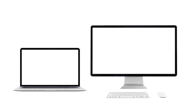 Computer display, laptop, keyboard and mouse. Front desk view. Isolated PNG transparent
