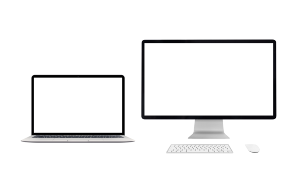 Computer display, laptop, keyboard and mouse. Front desk view. Isolated PNG transparent