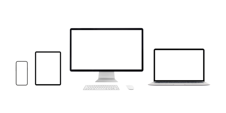 Responsive devices mockup isolated PNG transparent. Computer display, laptop, tablet and smart phone