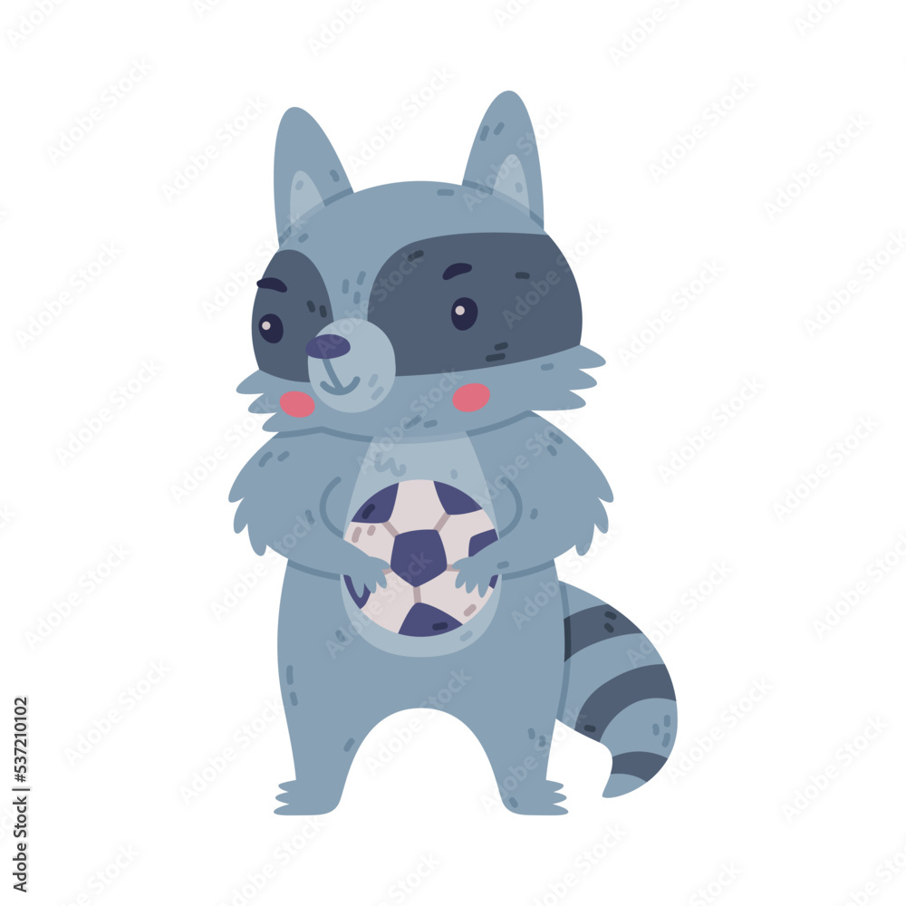 Poster Funny Raccoon Animal Character with Striped Tail Holding Ball Vector Illustration