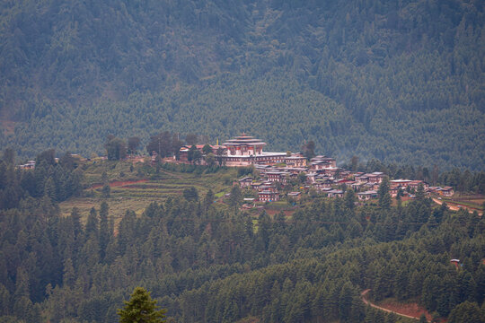 Gangten village and Gangtey Goemba Buddhist monastery - Phobjikha Valley, Central Bhutan. It is an important monastery of Nyingmapa school of Buddhism.