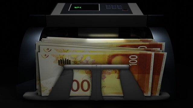 100 Israeli shekels in cash dispenser. Withdrawal of cash from an ATM. Financial transaction in the bank terminal. ILS.	