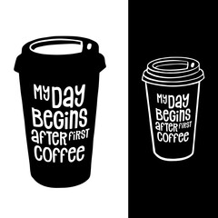 Hot coffee disposable to go cup. Hand drawn take away illustrations.