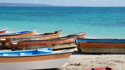 boats on the beach of Malecon de Pedernales Playa Pedernales in the Dominican Republic in the month of January 2022