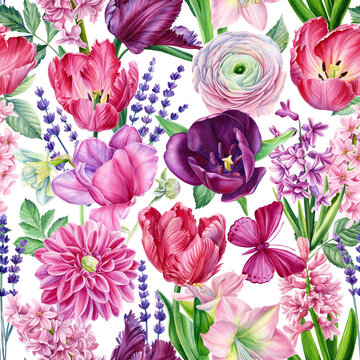 Watercolor spring flowers, botanical illustration. Floral seamless pattern.